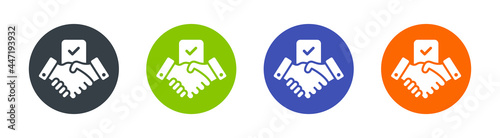 Handshake with check mark icon. Partnership and agreement symbol. Vector illustration