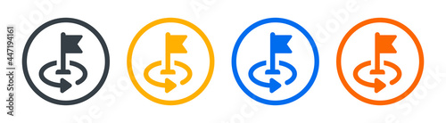 Pinter flag icon with rotation arrow. Symbol of location, destination.