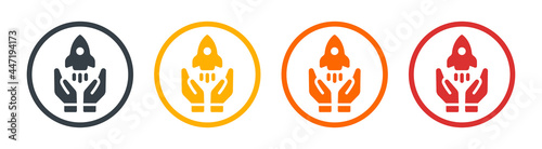 Hands with rocket icon. Improvement of productivity and performance of project.