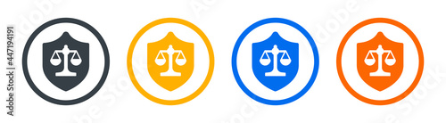 Shield with scale of justice icon. Law, policy and regulation symbol sign. Vector illustration