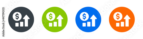 Increasing growth arrow graphic with dollar currency icon. Profit symbol on round sign.