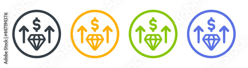 Diamond arrow up with dollar currency icon. Expensive, valuable, wealthy symbol.