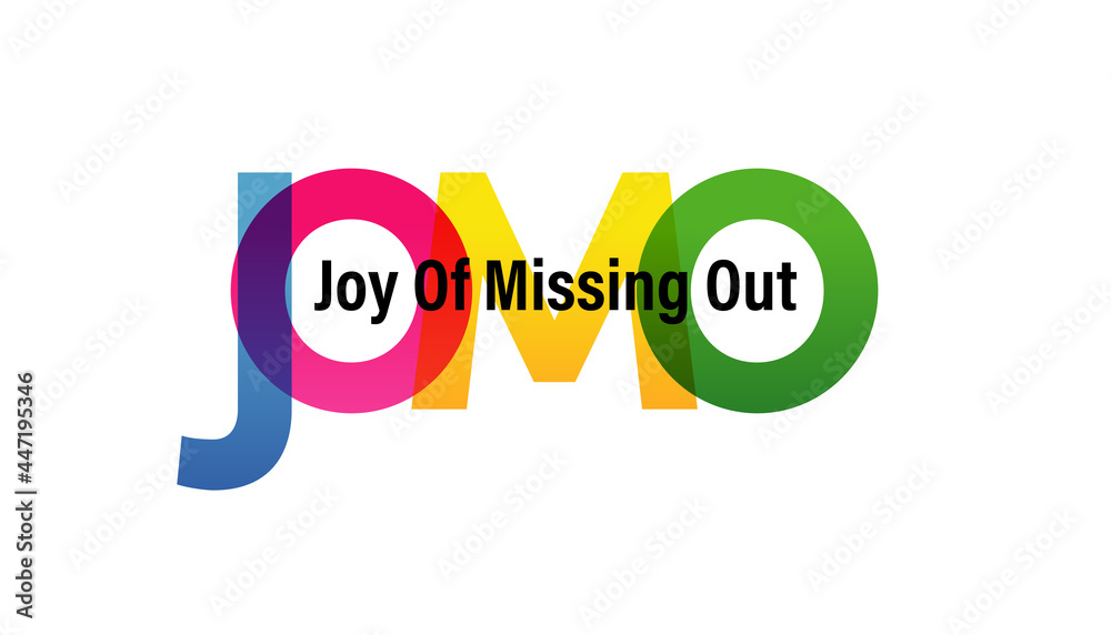 JOMO word vector illustration. Joy Of Missing Out. Colored rainbow text. Vector banner. Corporate concept. Gradient Text. Transparency Letters. Vector illustration JOMO word vector illustration. Joy Of Missing Out. Colored rainbow text. Vector banner. Corporate concept. Gradient Text. Transparency Letters. Vector illustration
