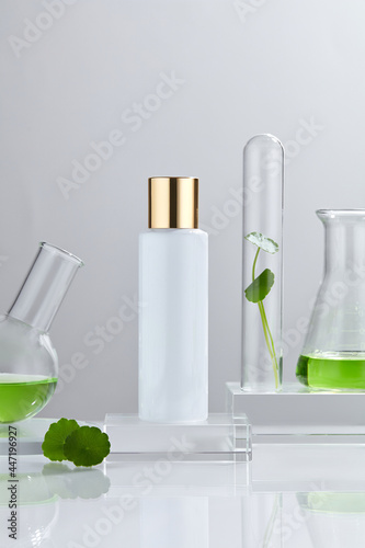 Laboratory experiment and research with centella asiatica (gotu kola), oil and ingredient extract for natural beauty and organic cosmetic skincare product.  The blank bottle for label science concept.