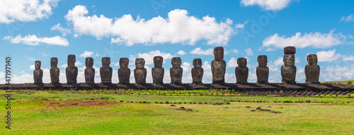 Panorama of Moai statues in Ahu Tongariki, Easter Island (Rapa Nui), Chile.