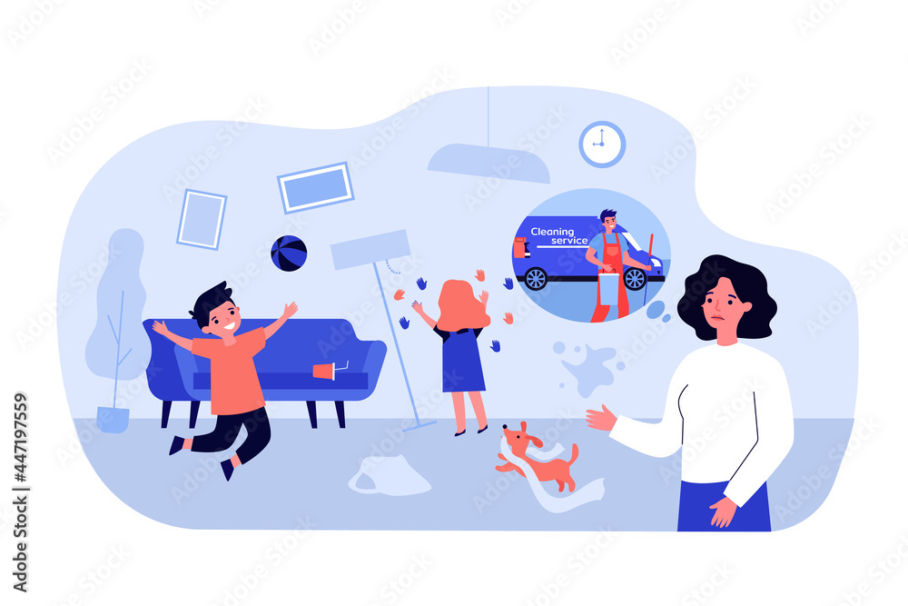 Children making mess and mother thinking of hiring cleaner. Son playing with ball, daughter marking wallpaper flat vector illustration. Childhood, cleaning service concept for banner, website design