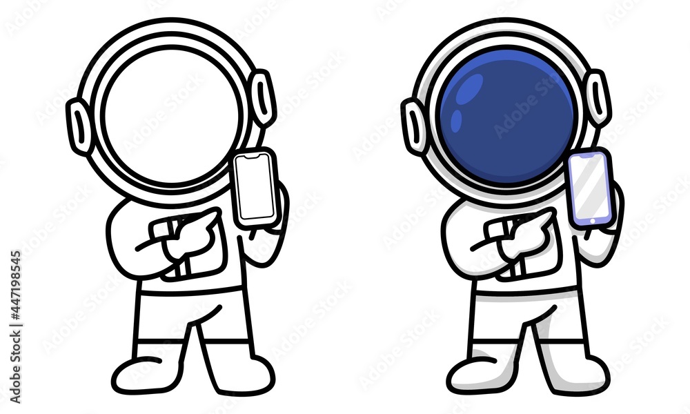 astronaut showing smartphone and pointing towards that coloring page for kids