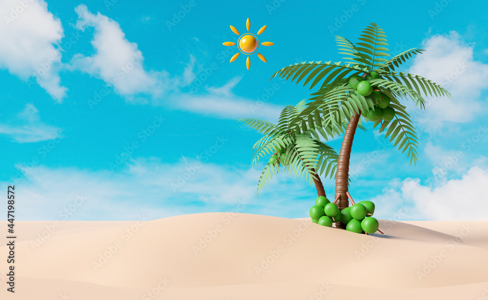 summer travel with island or sandy beach,coconut tree or palm on blue sky background, concept 3d illustration or 3d render summer travel with island or sandy beach,coconut tree or palm on blue sky background, concept 3d illustration or 3d render