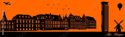 Vector city skyline silhouette - illustration, 
Town in orange background, 
The Hague Netherlands