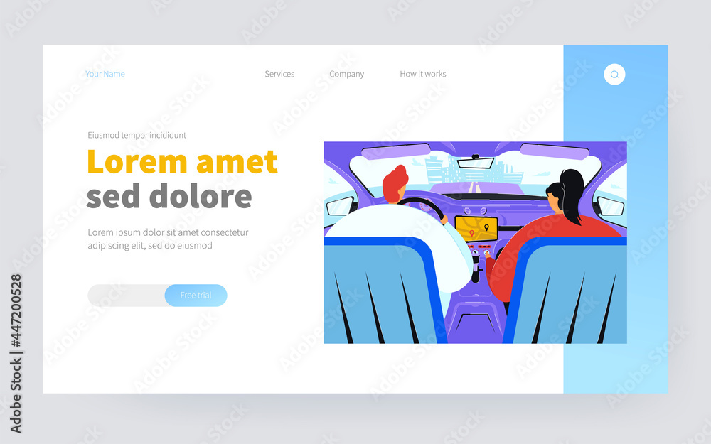 Driver and passenger using navigation app inside car. Backseat view of couple driving and riding vehicle, going along road to city. Vector illustration for driving application, travel, taxi concept Driver and passenger using navigation app inside car. Backseat view of couple driving and riding vehicle, going along road to city. Vector illustration for driving application, travel, taxi concept