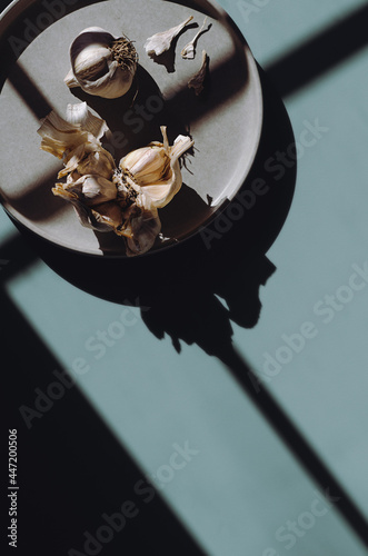 Italian Garlic on a blue background with dark shadows
