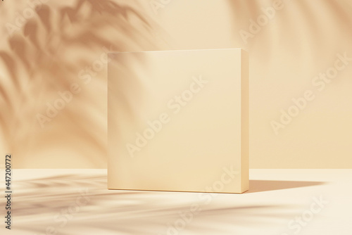Podium with natural, square stand on pastel light stucco background with plant and shadow on the wall, Mock up for exhibitions, presentation of products, 3d render