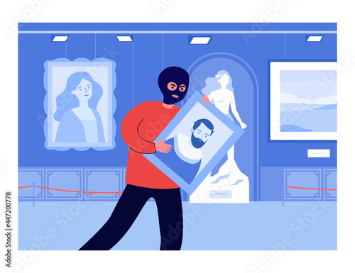 Burglar in mask stealing painting from art gallery. Angry criminal holding portrait in museum at night flat vector illustration. Crime, security concept for banner, website design or landing web page
