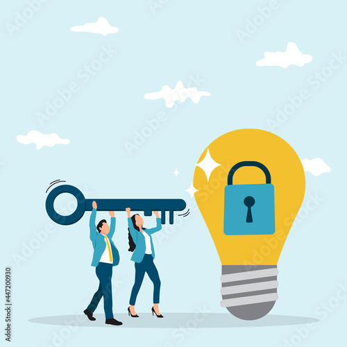 Business idea. Businessman and woman holding a key unlocking fresh or new idea bulb. Concept business creative toughts illustration photo