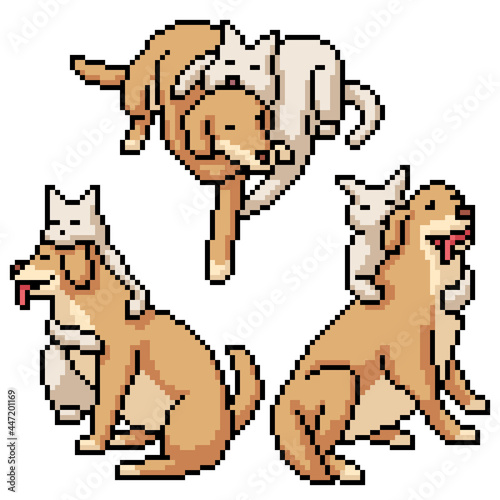 pixel art cat dog hugging