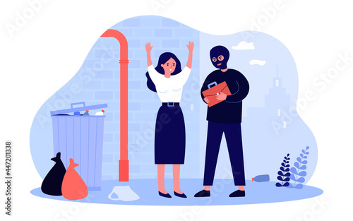 Criminal in mask holding bag of scared woman in alleyway. Dangerous thief stealing purse near trash can flat vector illustration. Crime, safety concept for banner, website design or landing web page