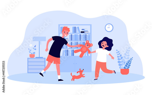 Mischievous brother taking teddy bear from upset sister. Siblings fighting over toy flat vector illustration. Family, relationship, children behavior concept for banner, website design or landing page