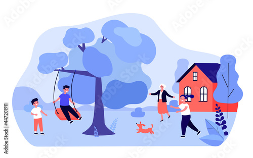 Grandmother greeting children playing outside. Grandson swinging on swing on tree branch flat vector illustration. Family, outdoor activity concept for banner, website design or landing web page