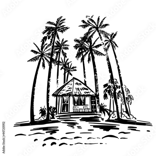 Bungalow by the sea with palms and tropical plants. Beach next to the house. Vacation, tourism in exotic countries. Handmade, vector illustration.