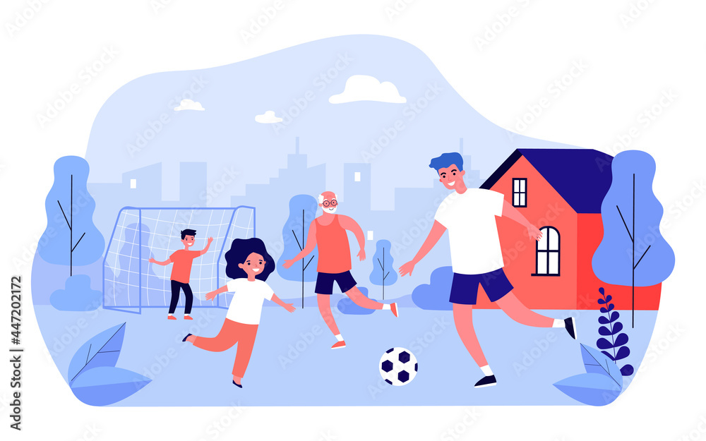 Happy family playing soccer in backyard. Dad, children and grandfather playing football outside flat vector illustration. Family, outdoor activity, sports concept for banner or website design