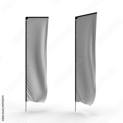 3D render of white photo realistic advertisement telescopic banner flag, 3D illustration mock-up with material surface texture plastic corner and aluminum poles. Telescopic Flag. photo