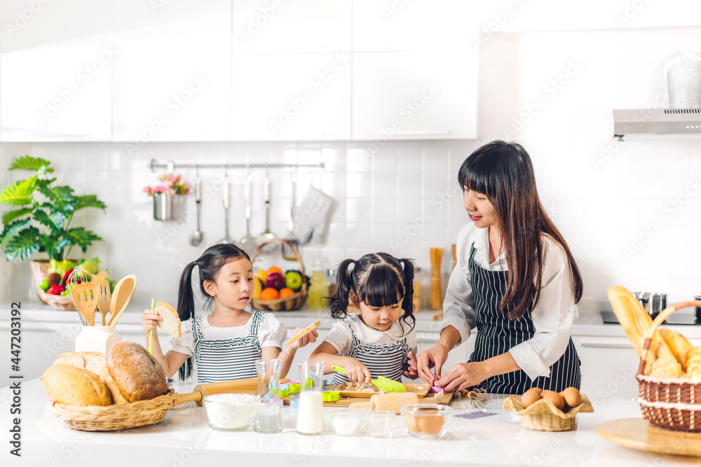 Portrait of enjoy happy love asian family mother and little toddler asian girl daughter child having fun cooking together with dough for homemade bake cookie and cake ingredient on table in kitchen Portrait of enjoy happy love asian family mother and little toddler asian girl daughter child having fun cooking together with dough for homemade bake cookie and cake ingredient on table in kitchen