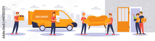 Moving to new house. Deliverymen carrying sofa and boxes out of the delivery truck. White background