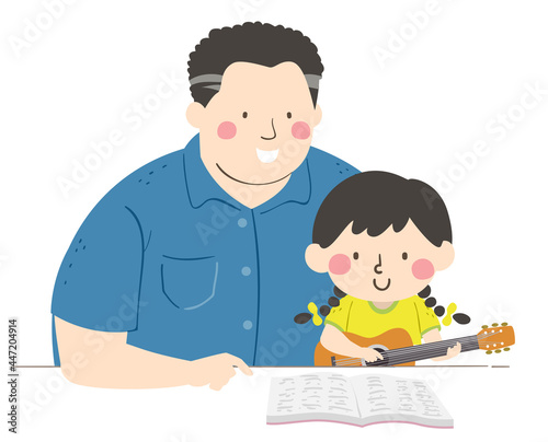 Kid Girl Dad Teach Guitar Song Book Illustration