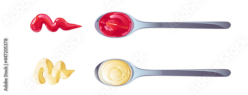 Ketchup and mayonnaise in spoons with swirl set. Vector illustration in flat cartoon style.