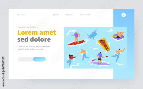 Crowd of people in sea or ocean. People playing, swimming, surfing, sunbathing flat vector illustration. Summer resort, vacation, water activity concept for banner, website design or landing web page