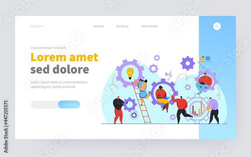 Business people working together in team flat vector illustration. Cartoon scene of company structure organization and management. Communication and teamwork concept