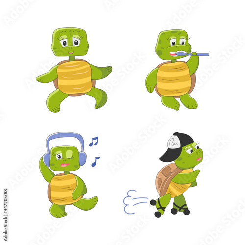 Set of cute turtle characters. A funny animal is brushing its teeth, listening to music with headphones, rollerblading. Vector illustration in cartoon style
