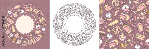 Cosmetics and makeup objects set. Circle colorful and monochrome label with cosmetics products in line art style. As well as seamless pattern as complement for your design. Vector illustration.