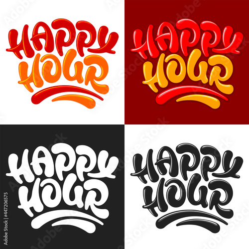 Happy Hour. Set of unusual hand drawn calligraphy lettering for catering establishments advertisement. Colorful and monochrome silhouette. Vector illustration.