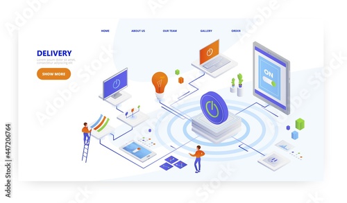 Delivery, landing page design, website banner vector template. IT service delivery, cdn.