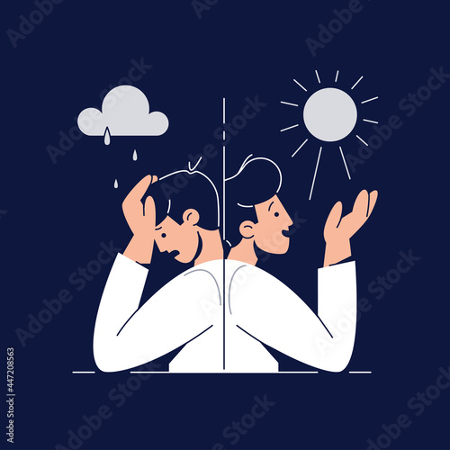 Bipolar disorder concept. Man suffers from mood swings, showing mania and depression period. Split personality, Manic depression, Mental disorder, bipolarity for web design.Flat vector illustration photo