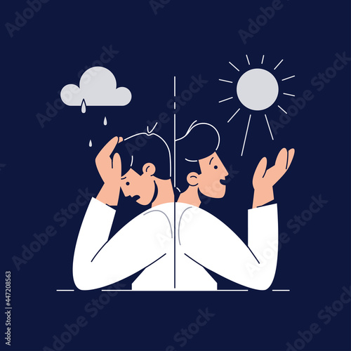 Bipolar disorder concept. Man suffers from mood swings, showing mania and depression period. Split personality, Manic depression, Mental disorder, bipolarity for web design.Flat vector illustration