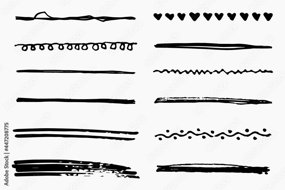 Vector set of hand drawn underline. Black scribble brush strokes collection. Felt tip brush smears stripe. Vector set of hand drawn underline. Black scribble brush strokes collection. Felt tip brush smears stripe.