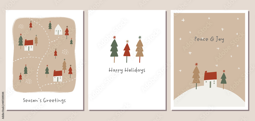 Set of winter holiday greeting cards with hand drawn trees and little houses in trendy natural colors.