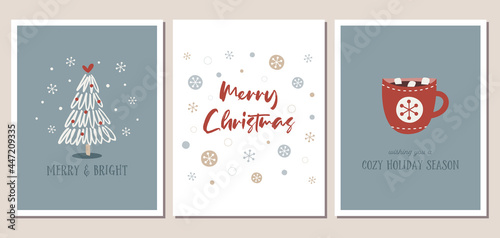 Set of winter holiday cards with hand drawn Christmas tree, hot chocolate, and snowflakes in modern neutral colors.