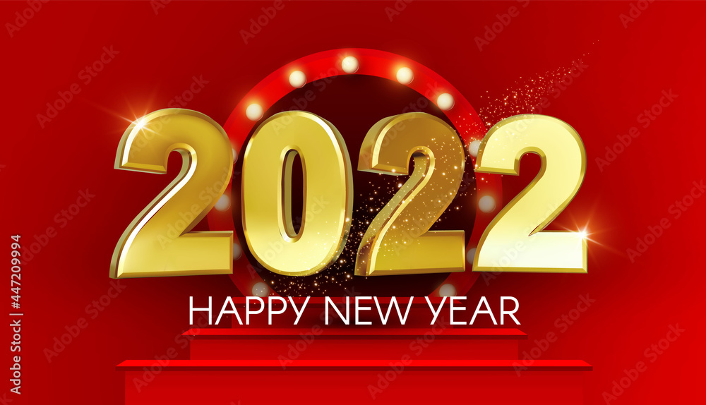 Happy new 2022 year Elegant gold text with podium and light. Minimal text template Happy new 2022 year Elegant gold text with podium and light. Minimal text template