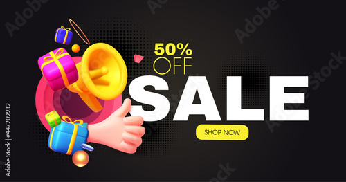3D Sale gold design with megaphone. gift boxes and thumbs up hand. Special offer render space.