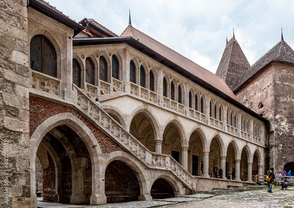   Images from the inner courtyard of the Hunedoara Castle, also known a Corvin Castle or Hunyadi Castle in Hunedoara, Romania
