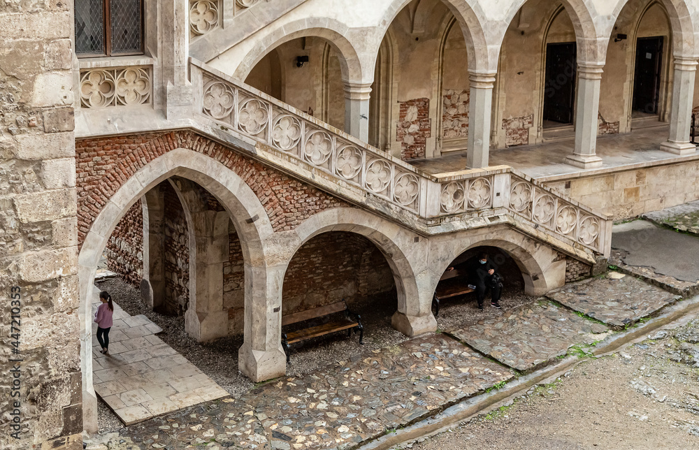   Images from the inner courtyard of the Hunedoara Castle, also known a Corvin Castle or Hunyadi Castle in Hunedoara, Romania

