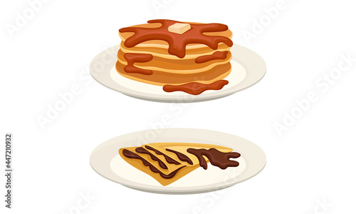 Sweet Crepe or Pancake Served on Plate with Chocolate and Caramel Vector Set