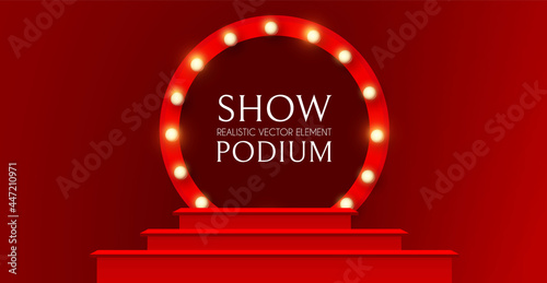 3D podium. Round shining banner with steps. Win design. Illuminated pedestal