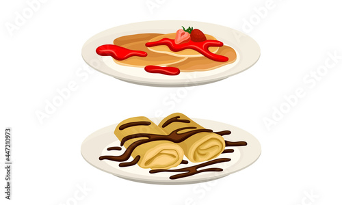 Sweet Crepe or Pancake Served on Plate with Strawberry Jam and Chocolate Vector Set