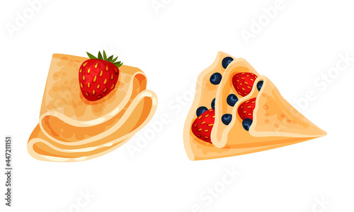 Sweet Crepe or Pancake Served with Berry Filling Vector Set
