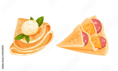 Savory Crepe or Pancake Served with Cheese and Wurst Filling Vector Set