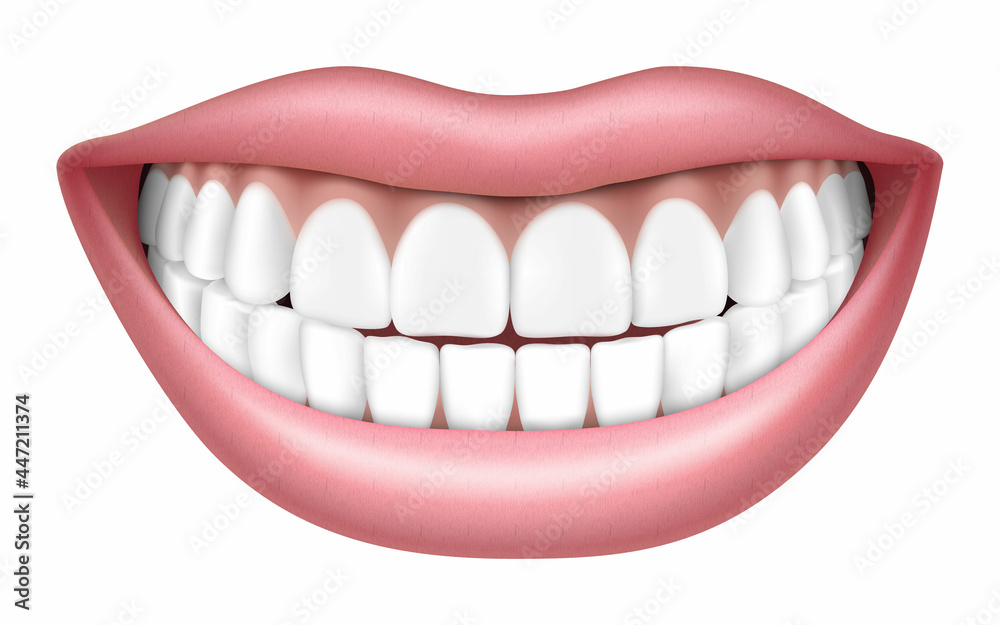 Realistic smile with white teeth, lips and teeth, isolated on white background, 3D vector illustration Realistic smile with white teeth, lips and teeth, isolated on white background, 3D vector illustration